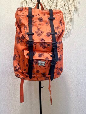 Herschel Little America Backpack Floral Orange Black Straps Laptop Travel